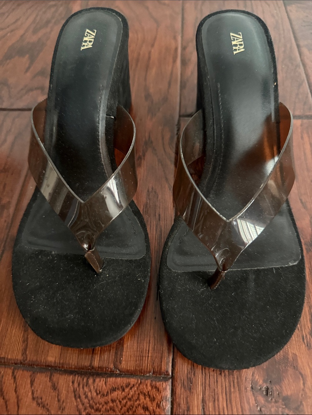 Zara Black Suede Wedge Thong Sandals with Smoky PVC Straps